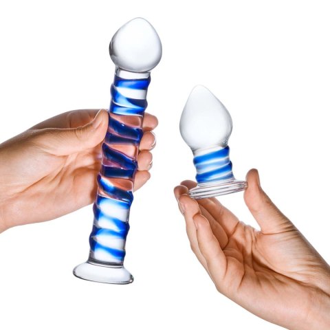 Gläs Double Penetration Set zestaw szklane dildo i szklany korek analny przezroczysto niebieskie