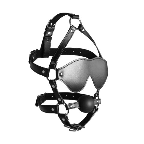 Blindfolded Head Harness with Solid Ball Gag - Black Ouch!