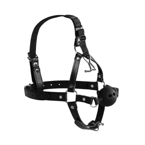 Head Harness with Breathable Ball Gag and Nose Hooks - Black Ouch!