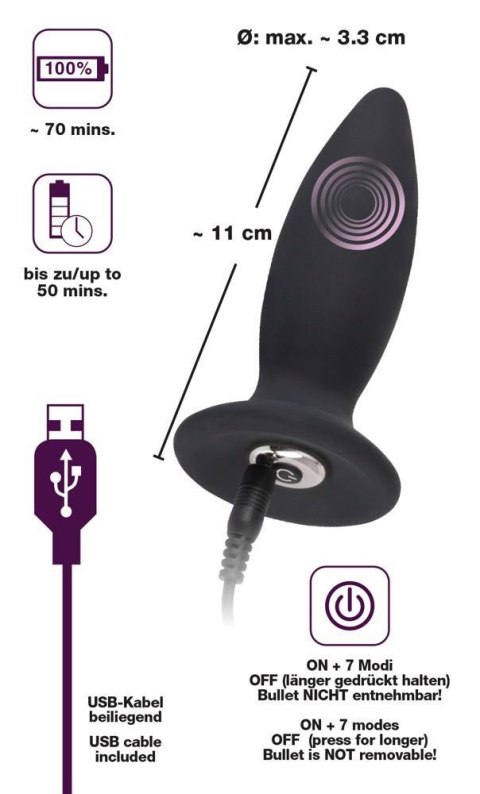 Black Velvets Rechargeable Plug S wibrujący korek analny 11 cm czarny